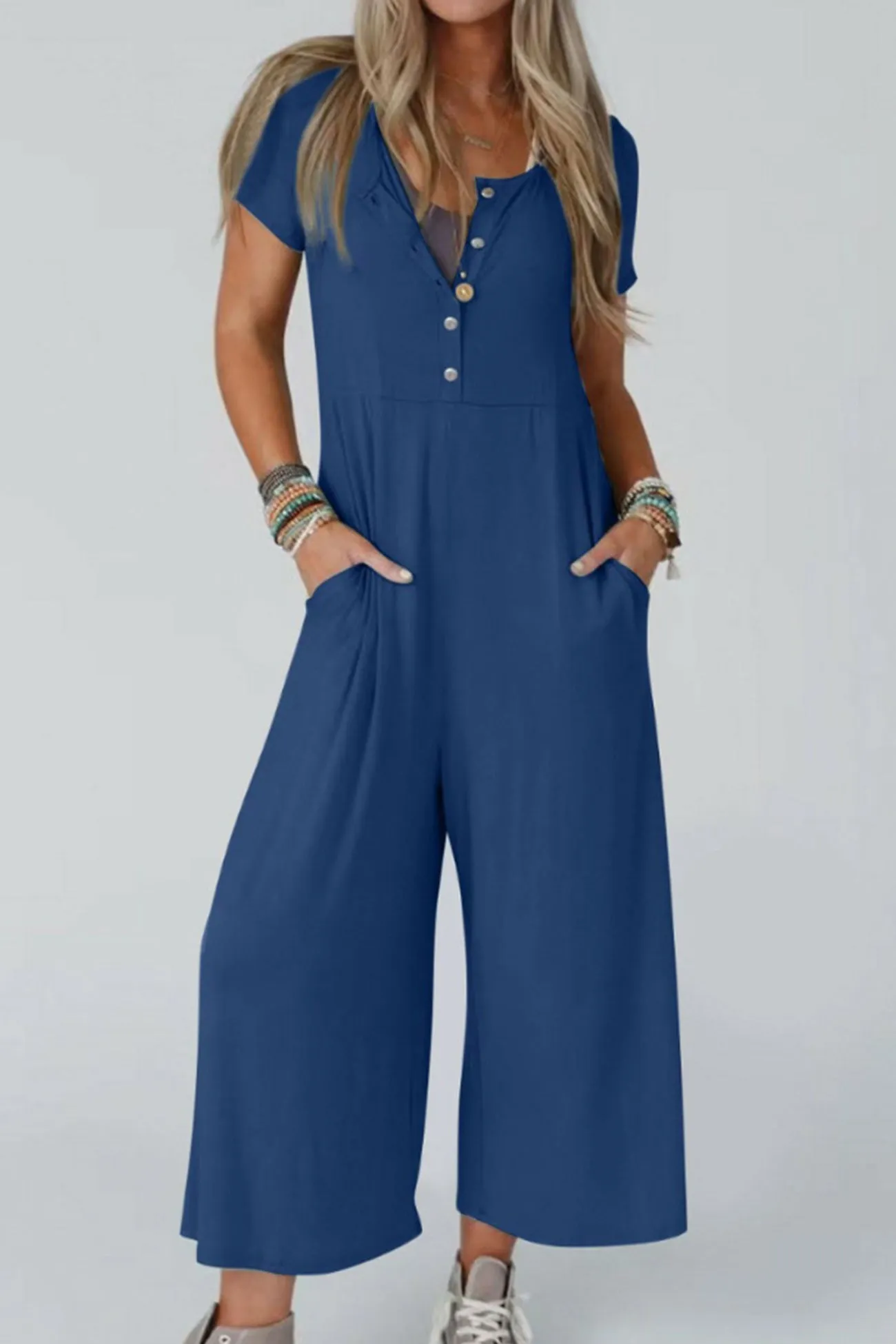 Short Sleeve Pocketed Jumpsuits