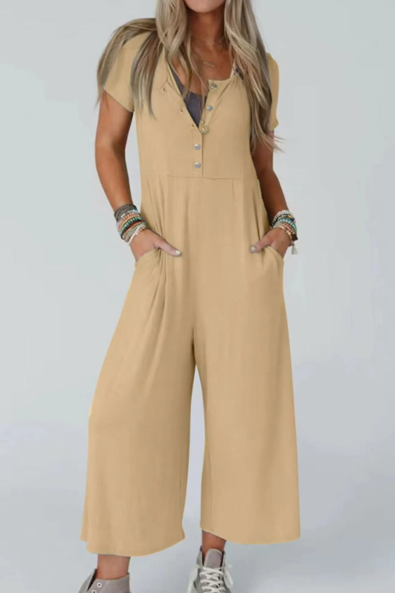 Short Sleeve Pocketed Jumpsuits