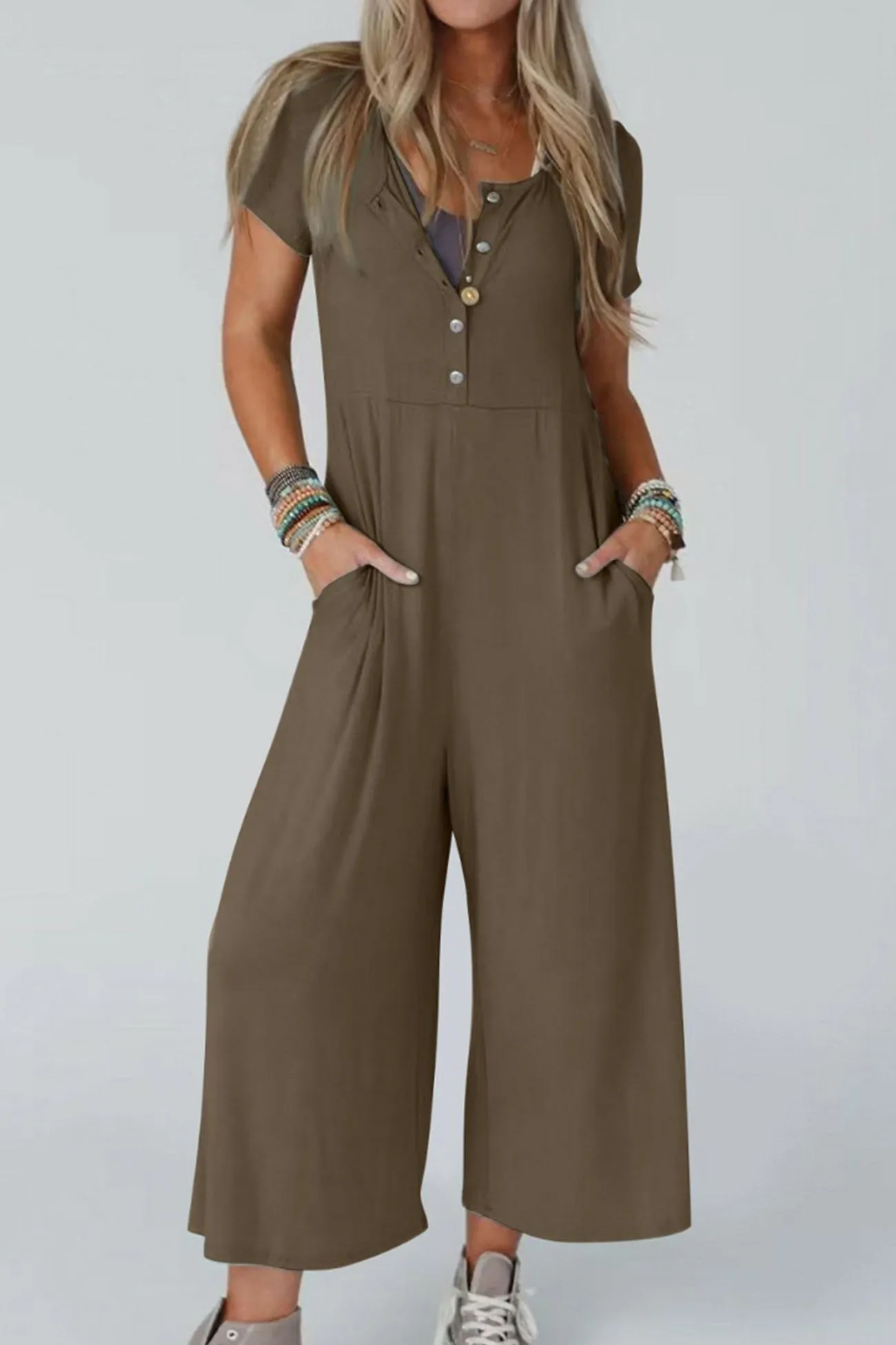 Short Sleeve Pocketed Jumpsuits