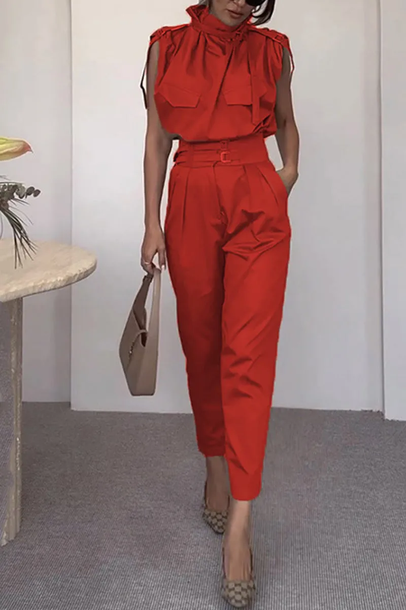 Elegant Solid Patchwork Turtleneck Regular Jumpsuits