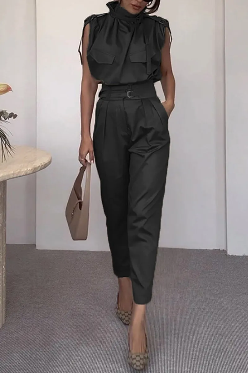 Elegant Solid Patchwork Turtleneck Regular Jumpsuits