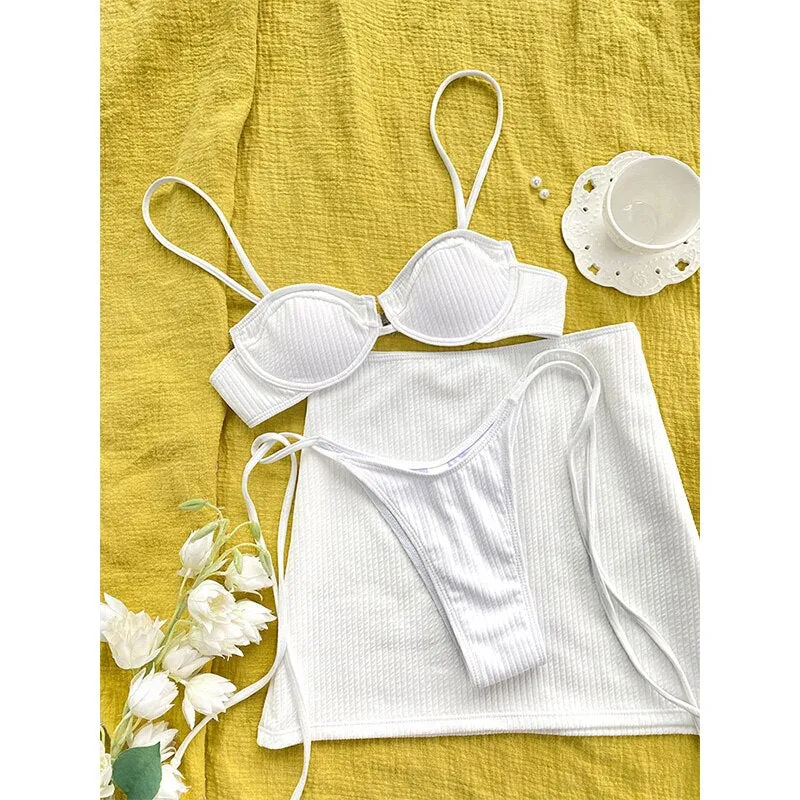 Stylish Three-Piece White Bikini Sets