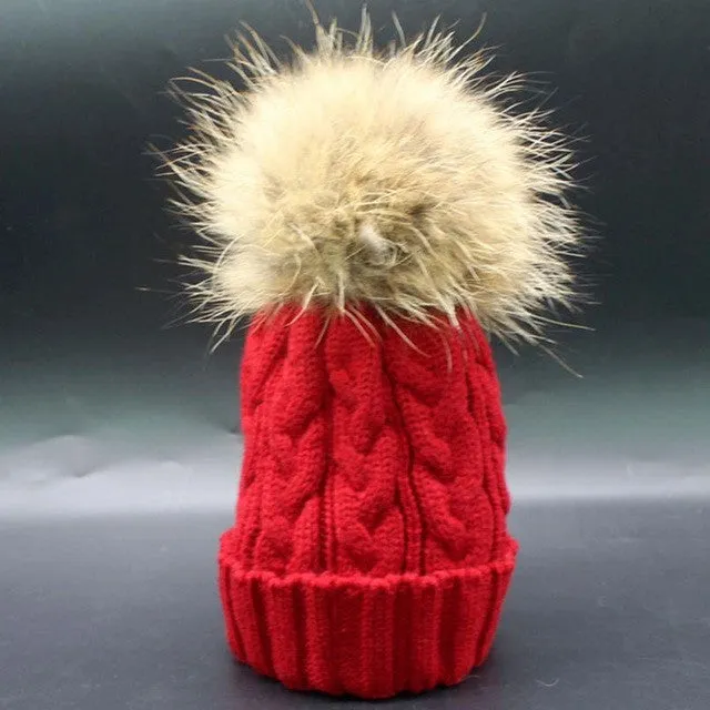 Warm Knitted Wool Crochet Beanie with Faux Fur Pompom