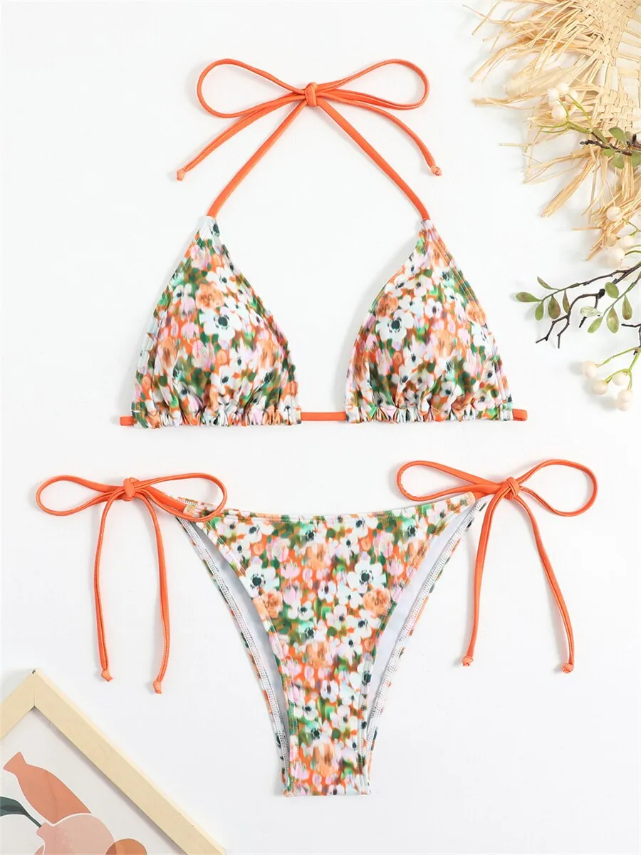 Summer Floral Print Tie Side Halter Push-Up Bra Micro Swimsuit for Women