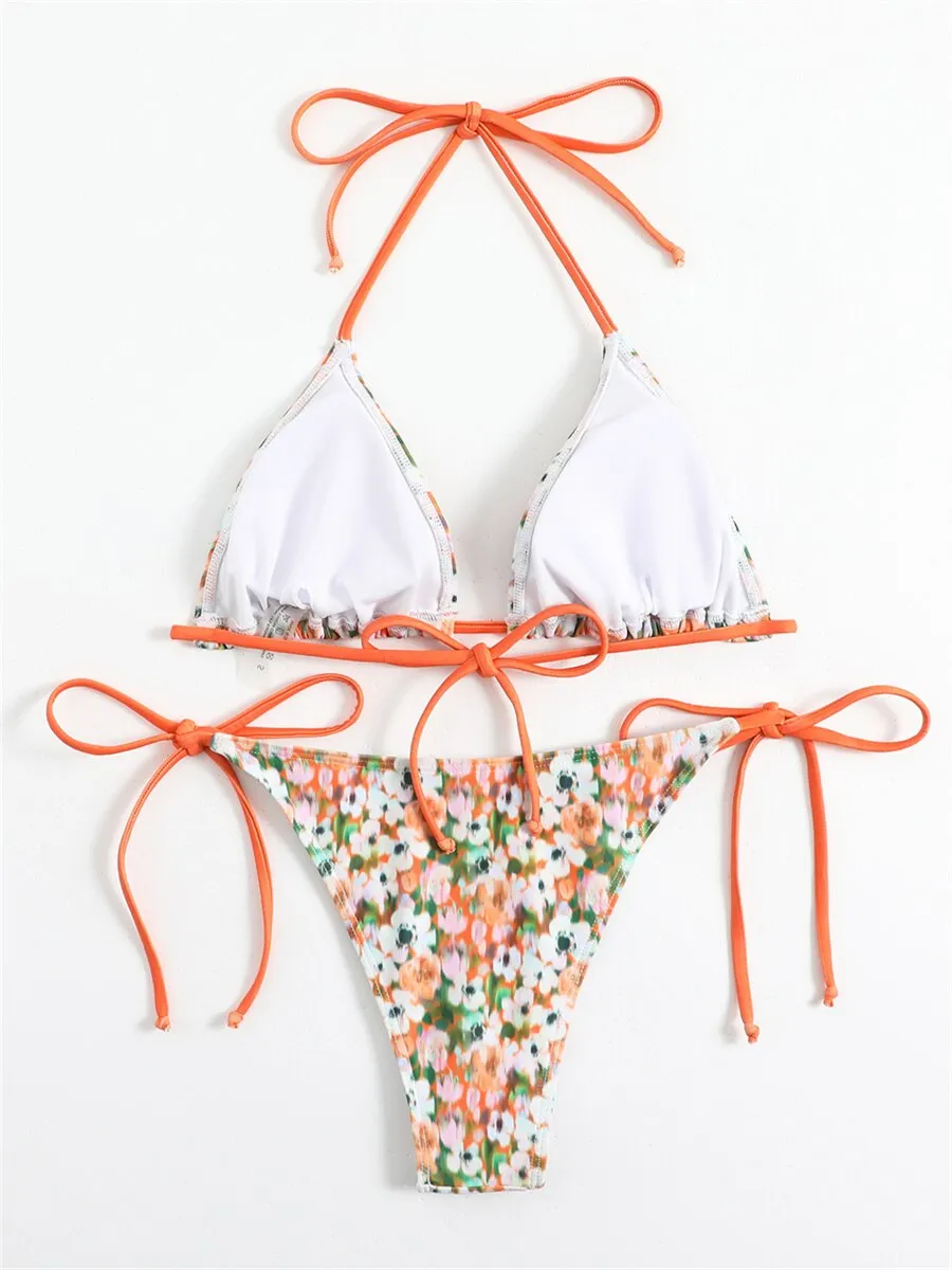 Summer Floral Print Tie Side Halter Push-Up Bra Micro Swimsuit for Women