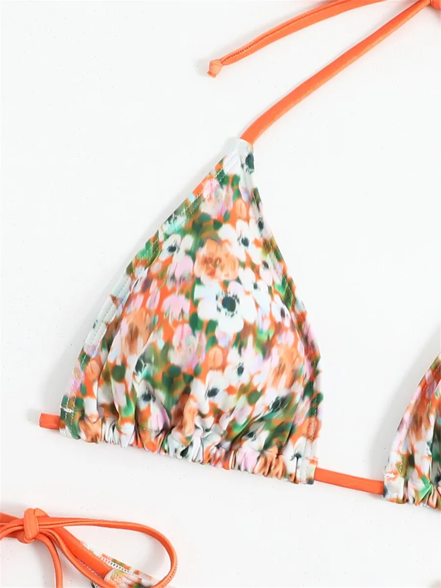 Summer Floral Print Tie Side Halter Push-Up Bra Micro Swimsuit for Women