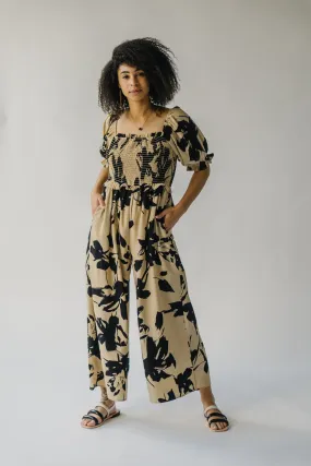 The Maggard Taupe Smocked Floral Jumpsuit