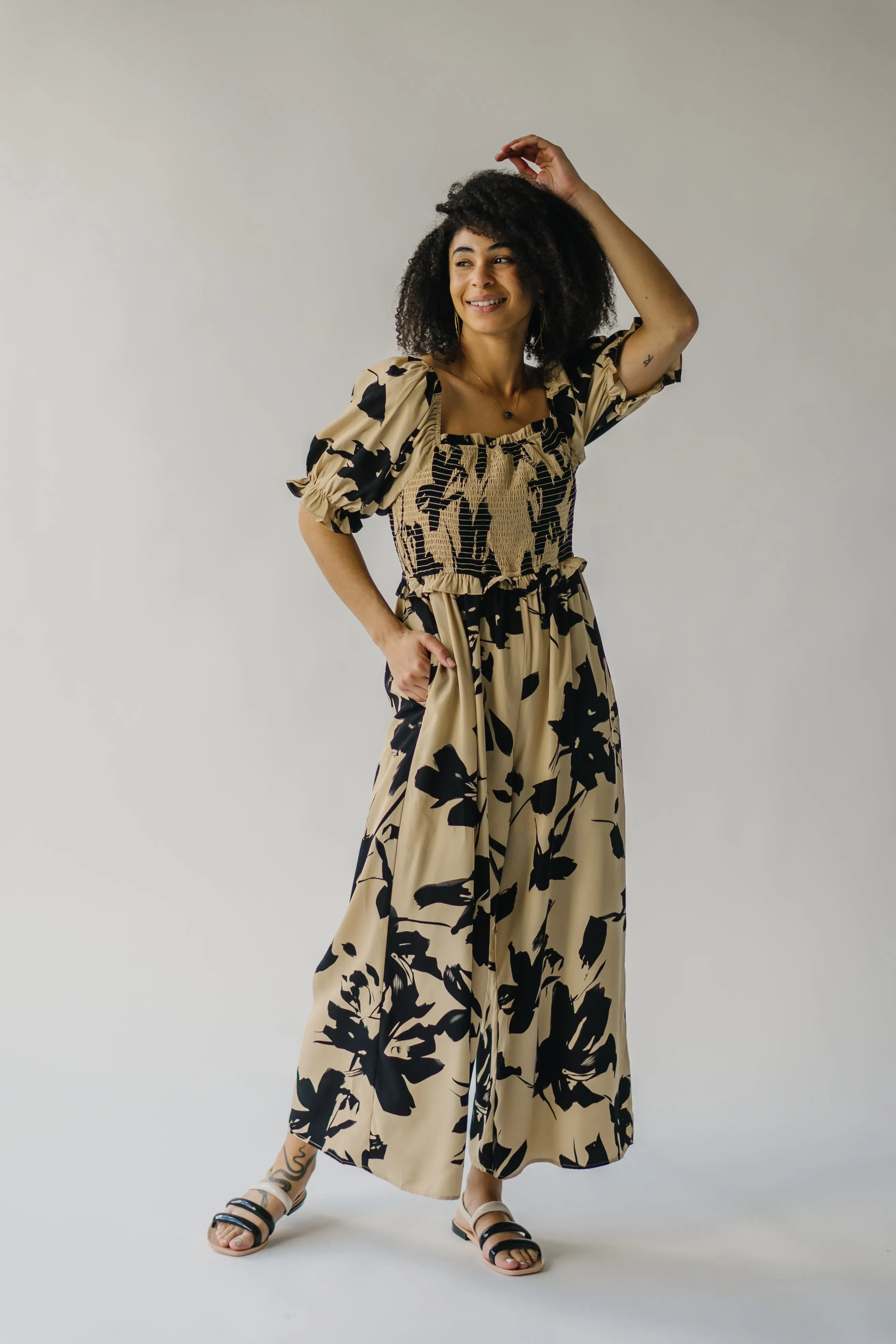 The Maggard Taupe Smocked Floral Jumpsuit