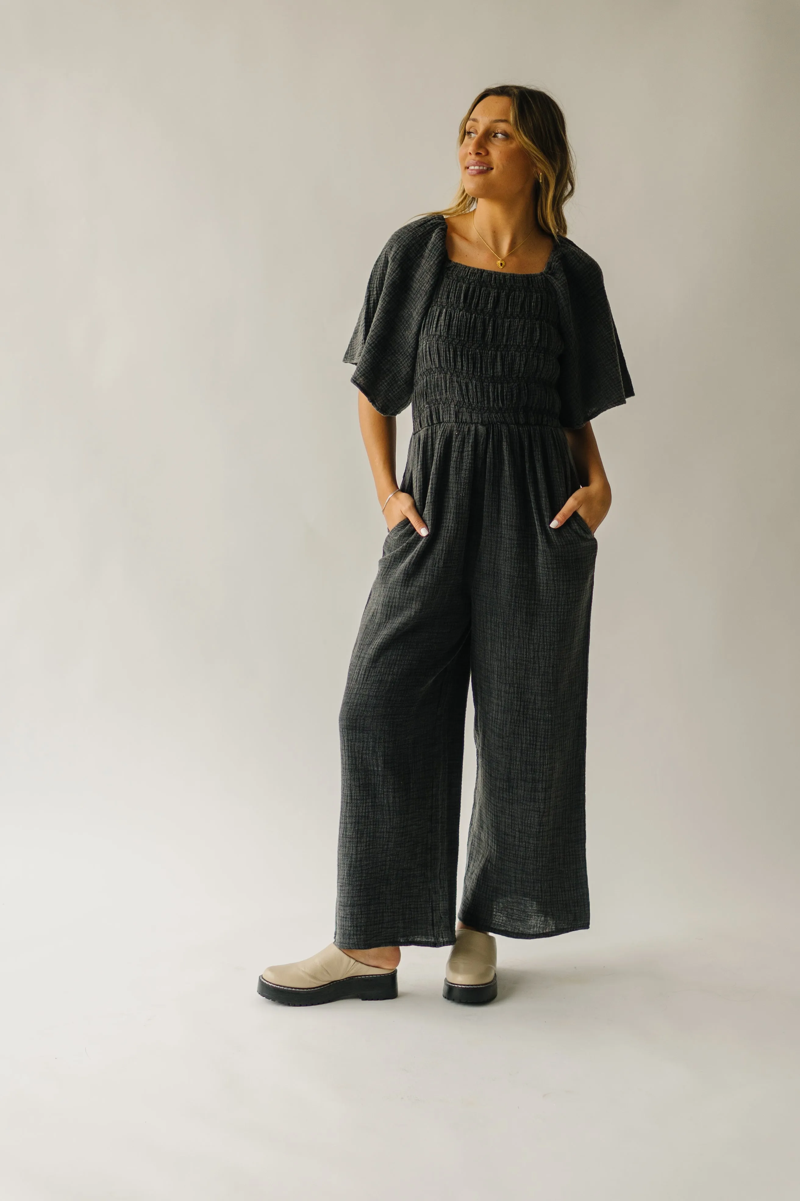 Washed Charcoal Slater Smocked Detail Jumpsuit