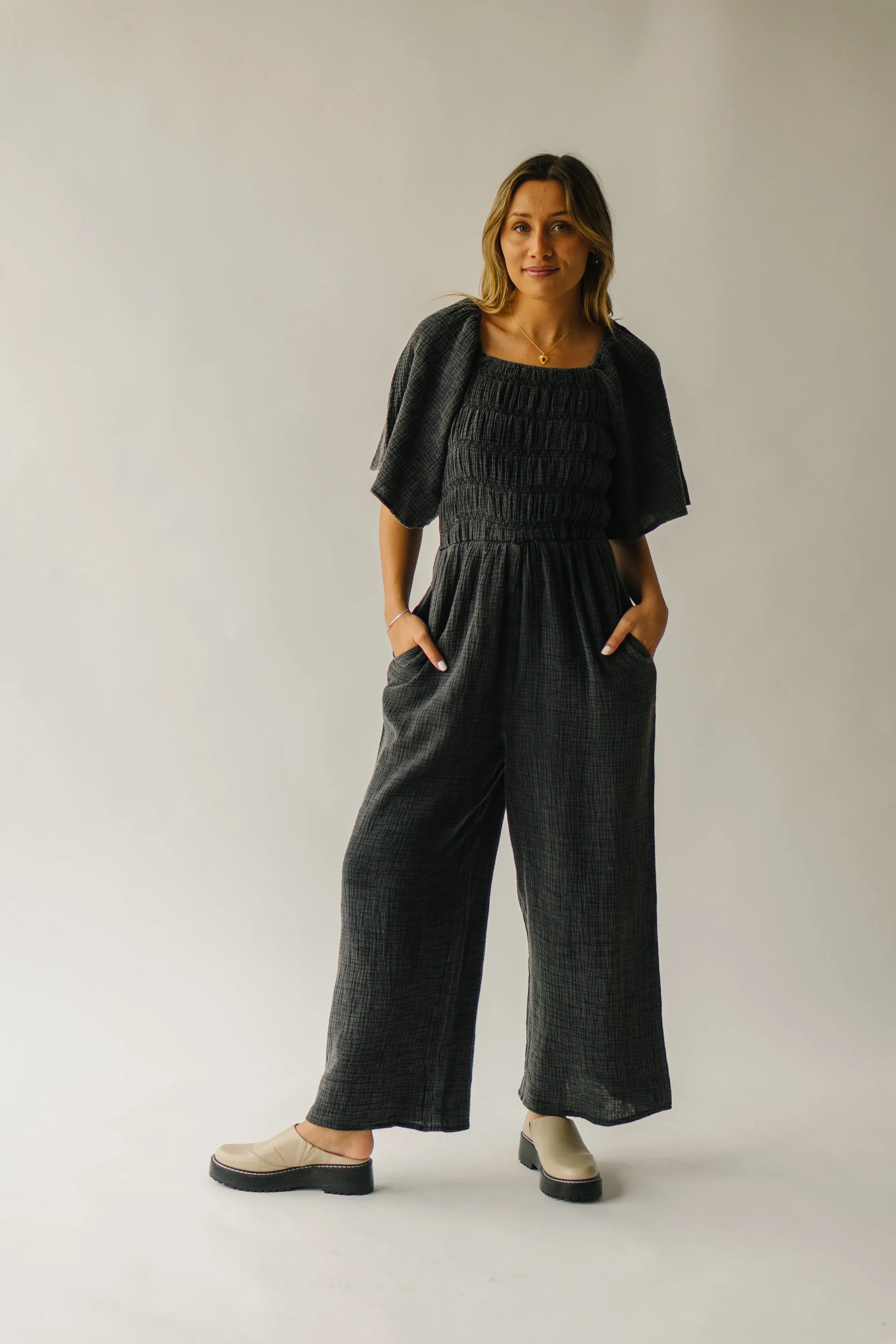 Washed Charcoal Slater Smocked Detail Jumpsuit