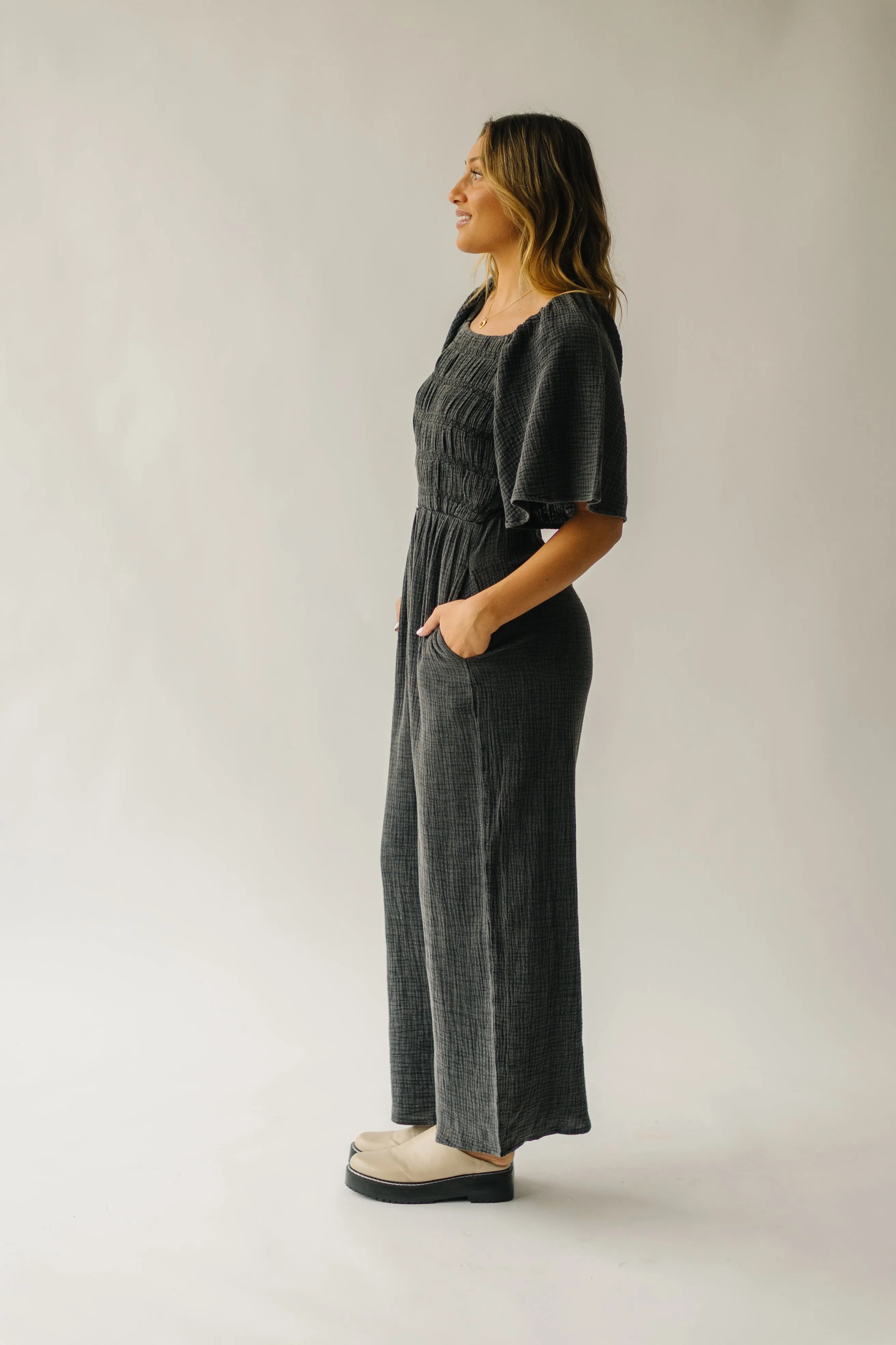 Washed Charcoal Slater Smocked Detail Jumpsuit