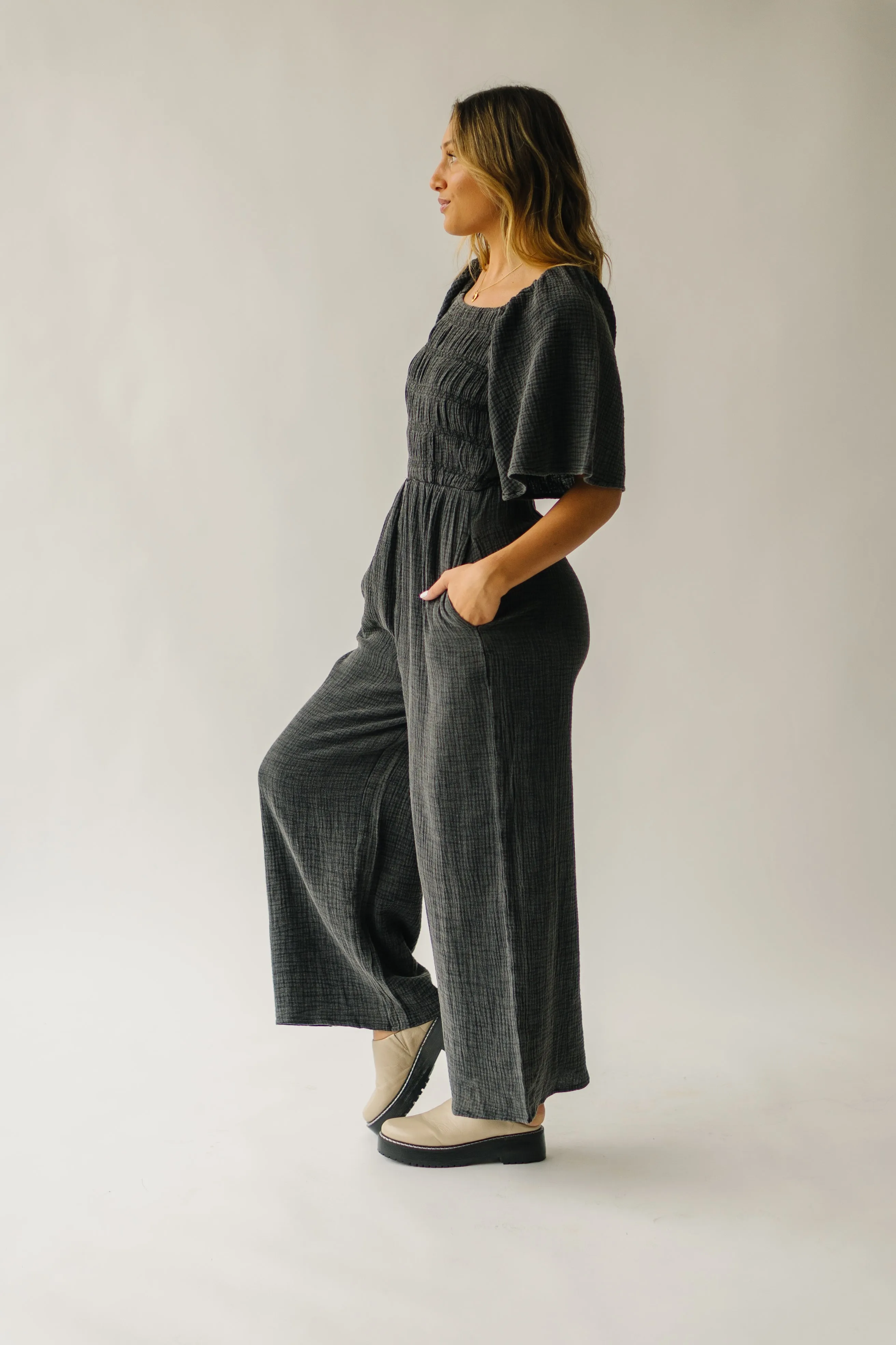 Washed Charcoal Slater Smocked Detail Jumpsuit