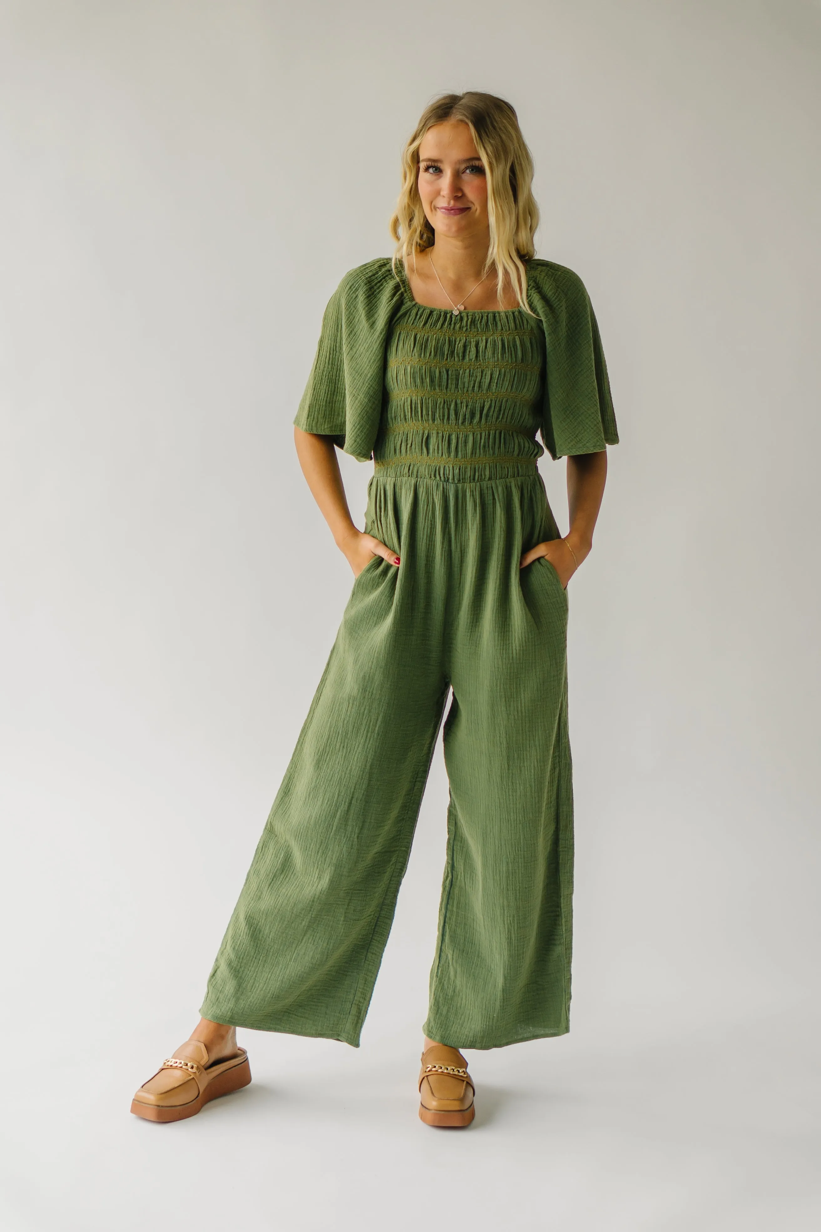 Smocked Detail Jumpsuit Washed Green