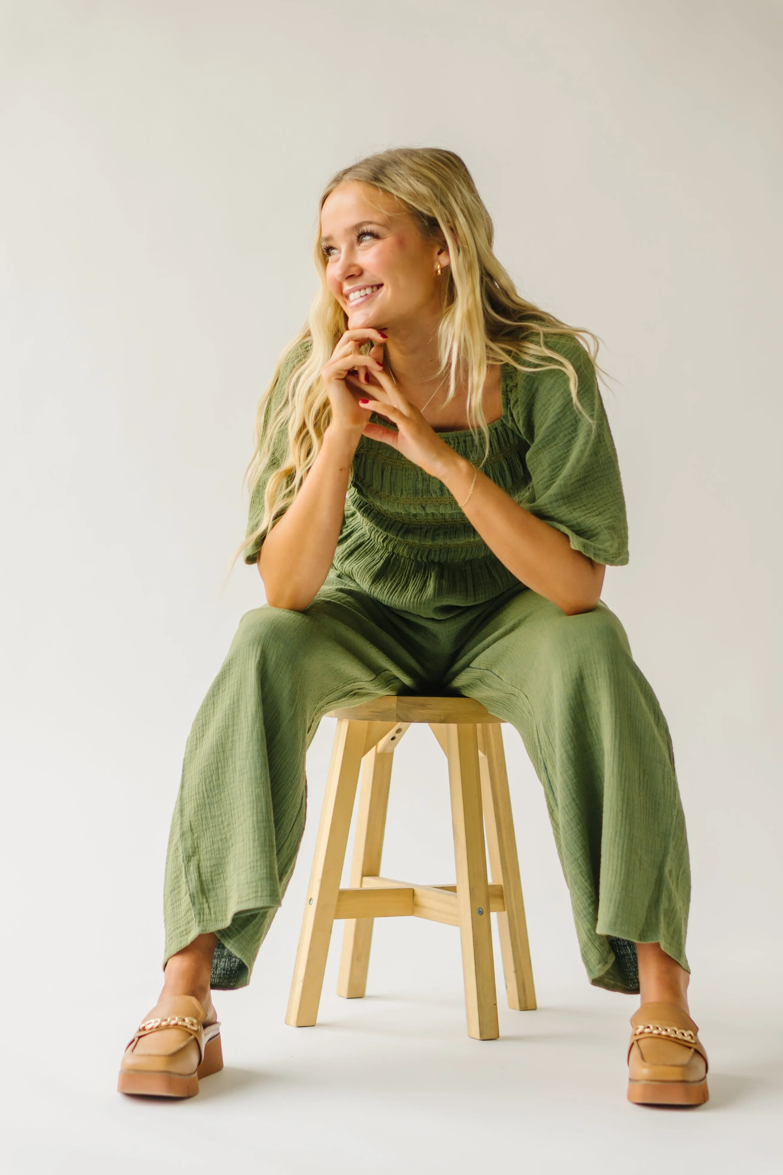 Smocked Detail Jumpsuit Washed Green