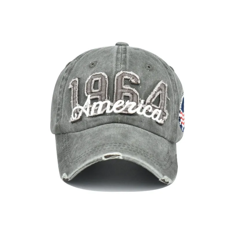 Distressed Patch Baseball Cap with 1964 America Embroidery Label in Denim