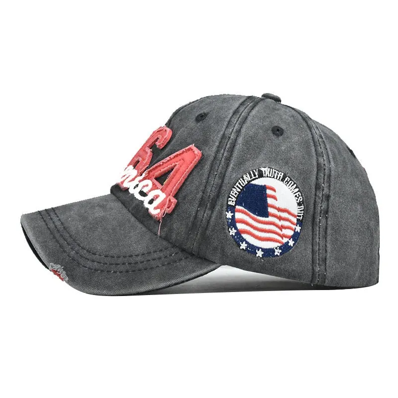 Distressed Patch Baseball Cap with 1964 America Embroidery Label in Denim