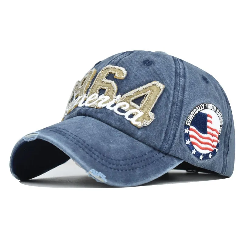 Distressed Patch Baseball Cap with 1964 America Embroidery Label in Denim