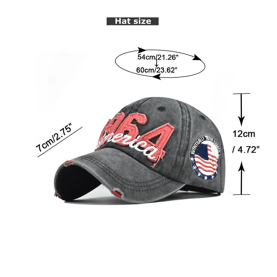 Distressed Patch Baseball Cap with 1964 America Embroidery Label in Denim