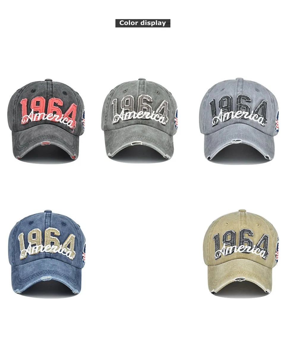 Distressed Patch Baseball Cap with 1964 America Embroidery Label in Denim