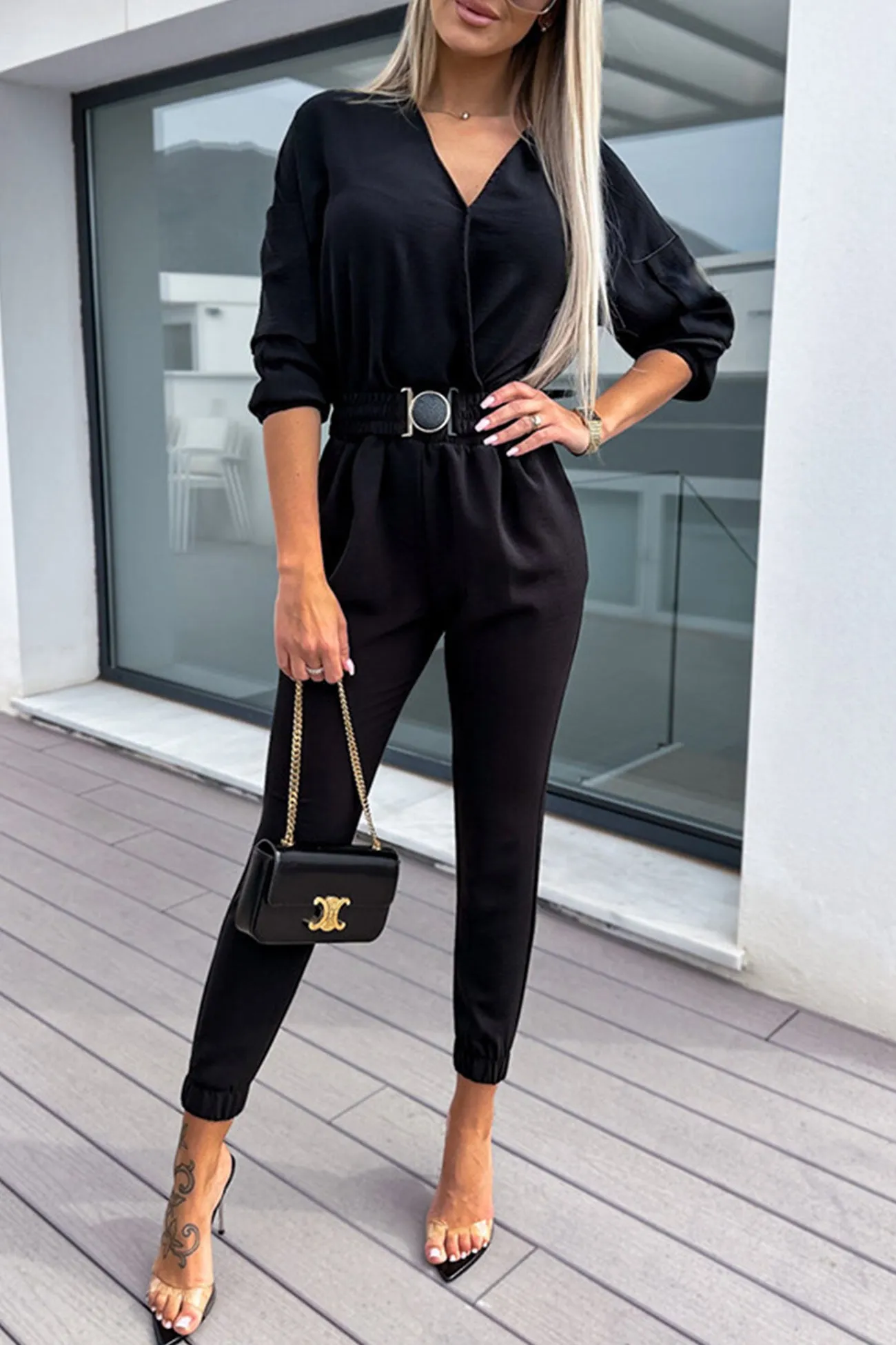 V Neck Elastic High Waist Jumpsuits