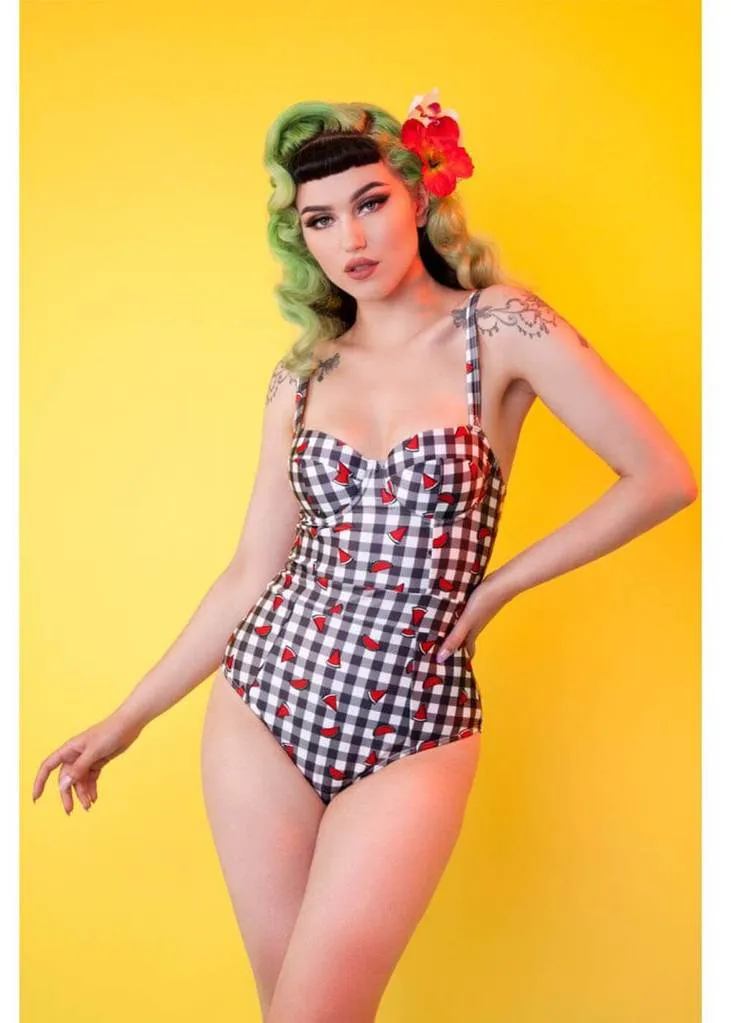 Multi-Colored Watermelon Gingham 50's Swimsuit by Collectif x Playful Promises