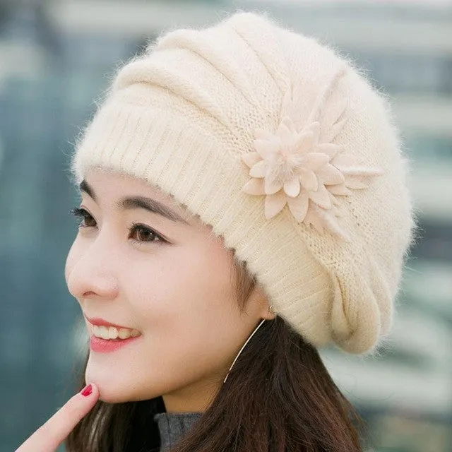 Women's Knitted Wool Warm Floral Hat