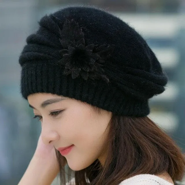 Women's Knitted Wool Warm Floral Hat