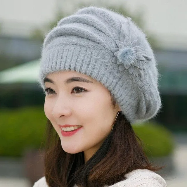 Women's Knitted Wool Warm Floral Hat