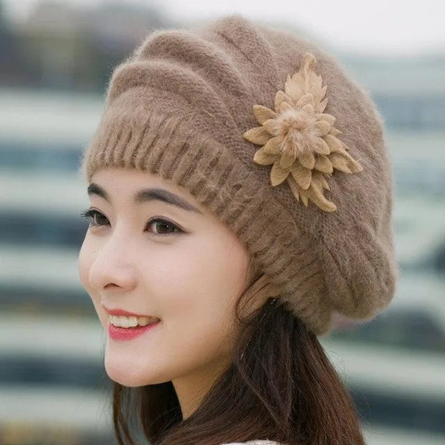 Women's Knitted Wool Warm Floral Hat