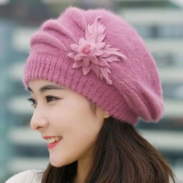 Women's Knitted Wool Warm Floral Hat