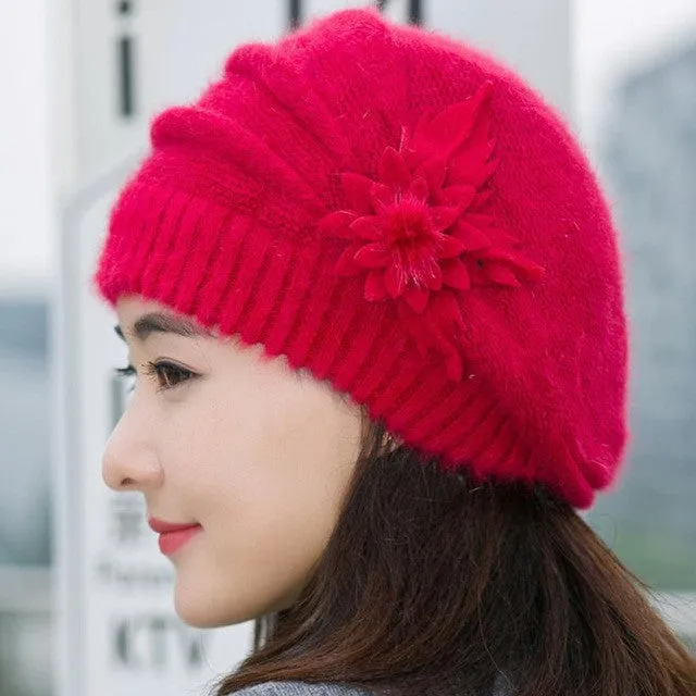 Women's Knitted Wool Warm Floral Hat